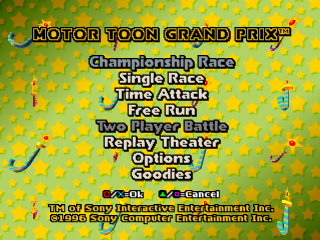 Motor Toon Grand Prix title screen for Playstation
